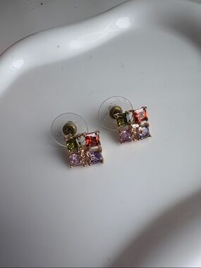 Gold Multicolor Square Crystal Stud Earrings - Women Jewelry